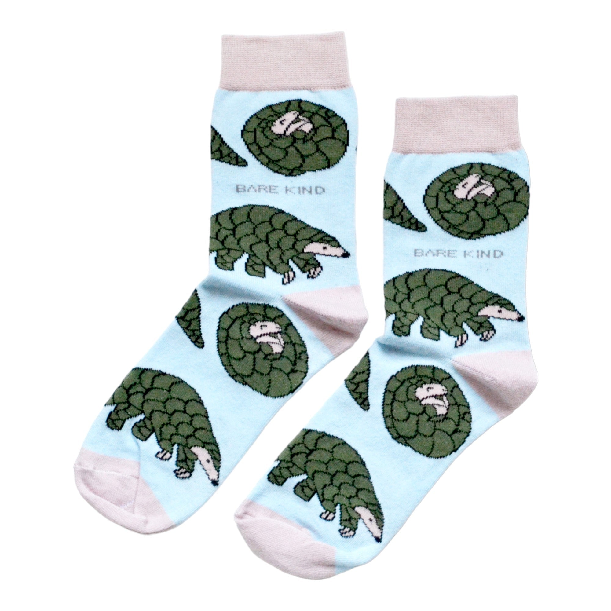 Pair of socks with armadillo design on a light blue background